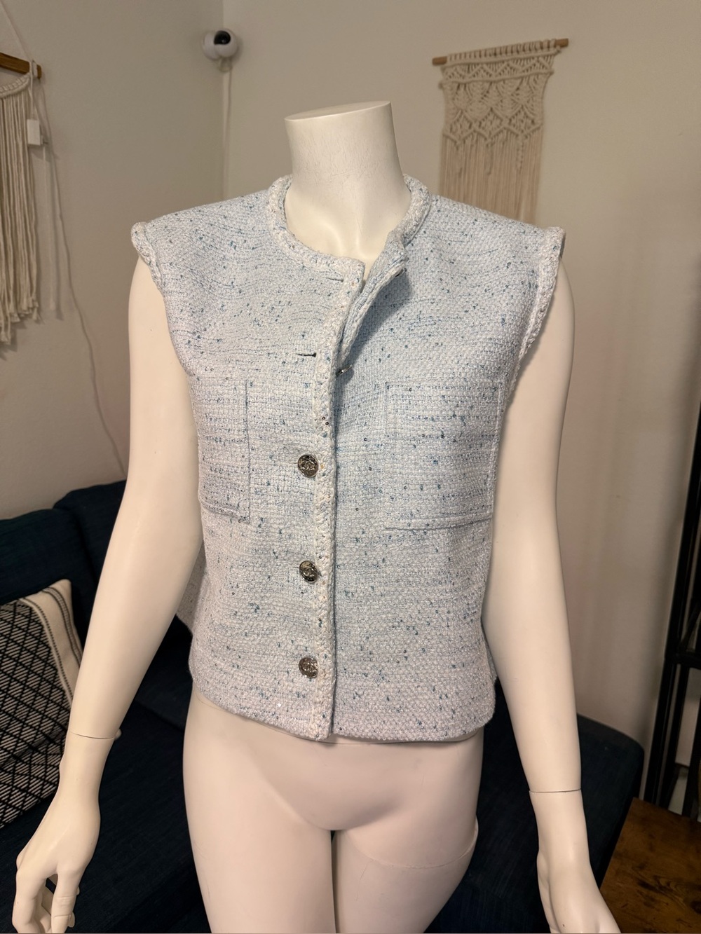 Sleeveless Tweed Button-Front Vest Jacket - Light Blue with CC logo buttons